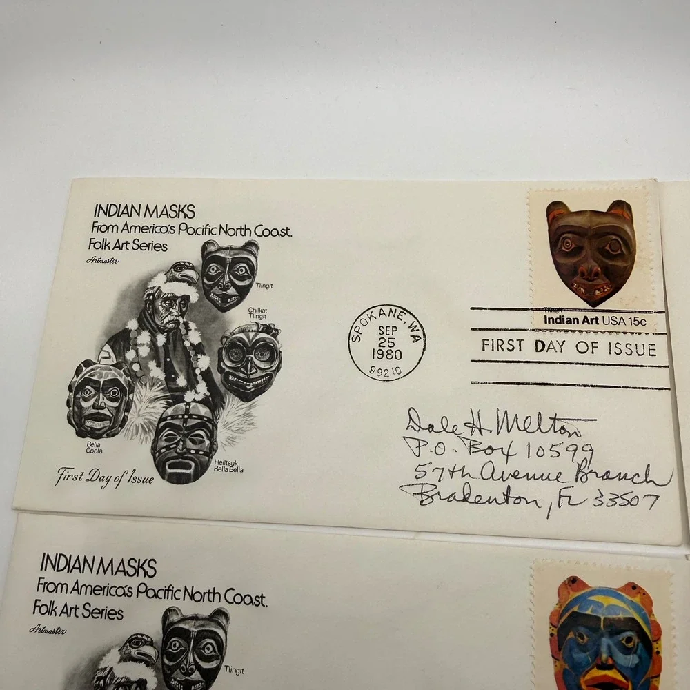 4pc Vintage 1980 Artmaster Indian Masks First Day of Issue Covers Spokane WA